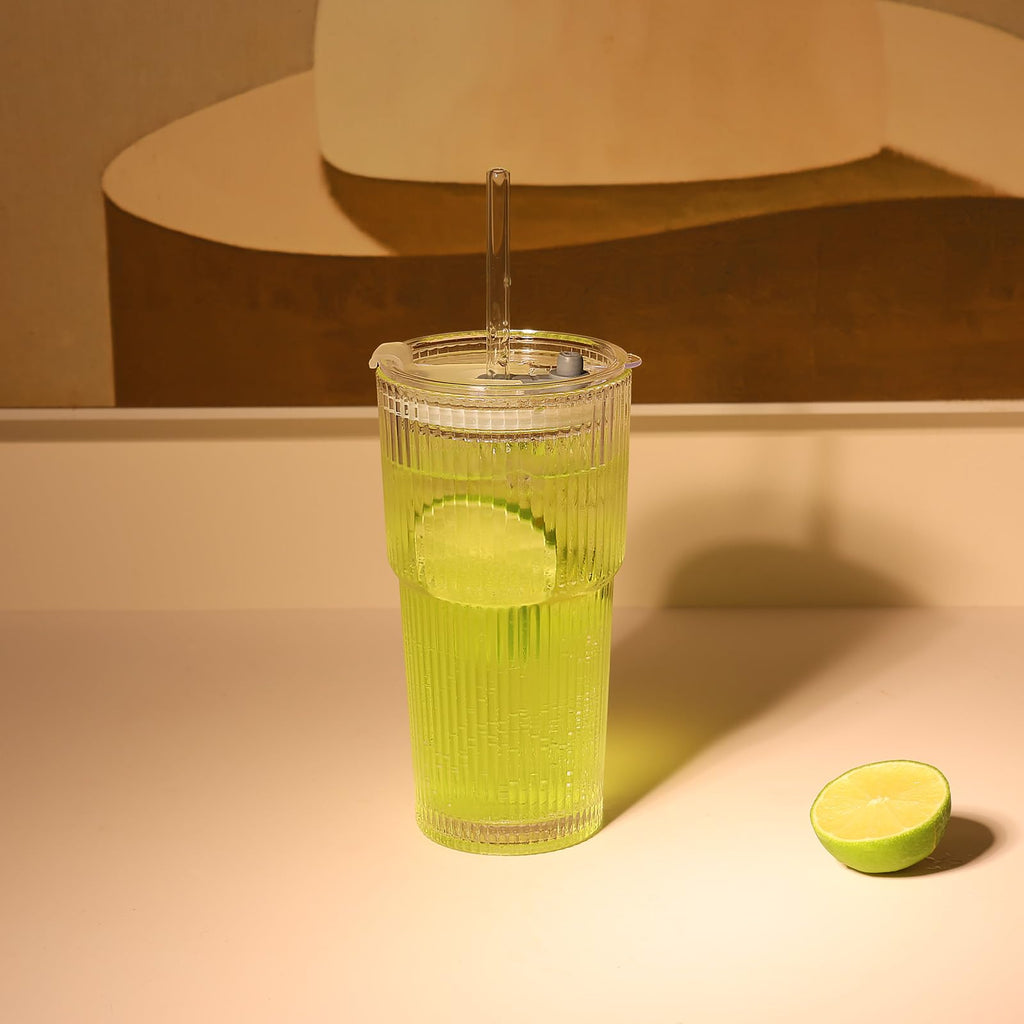 Set of 2 Ribbed Glass Tumbler with Lids and Straws I72655