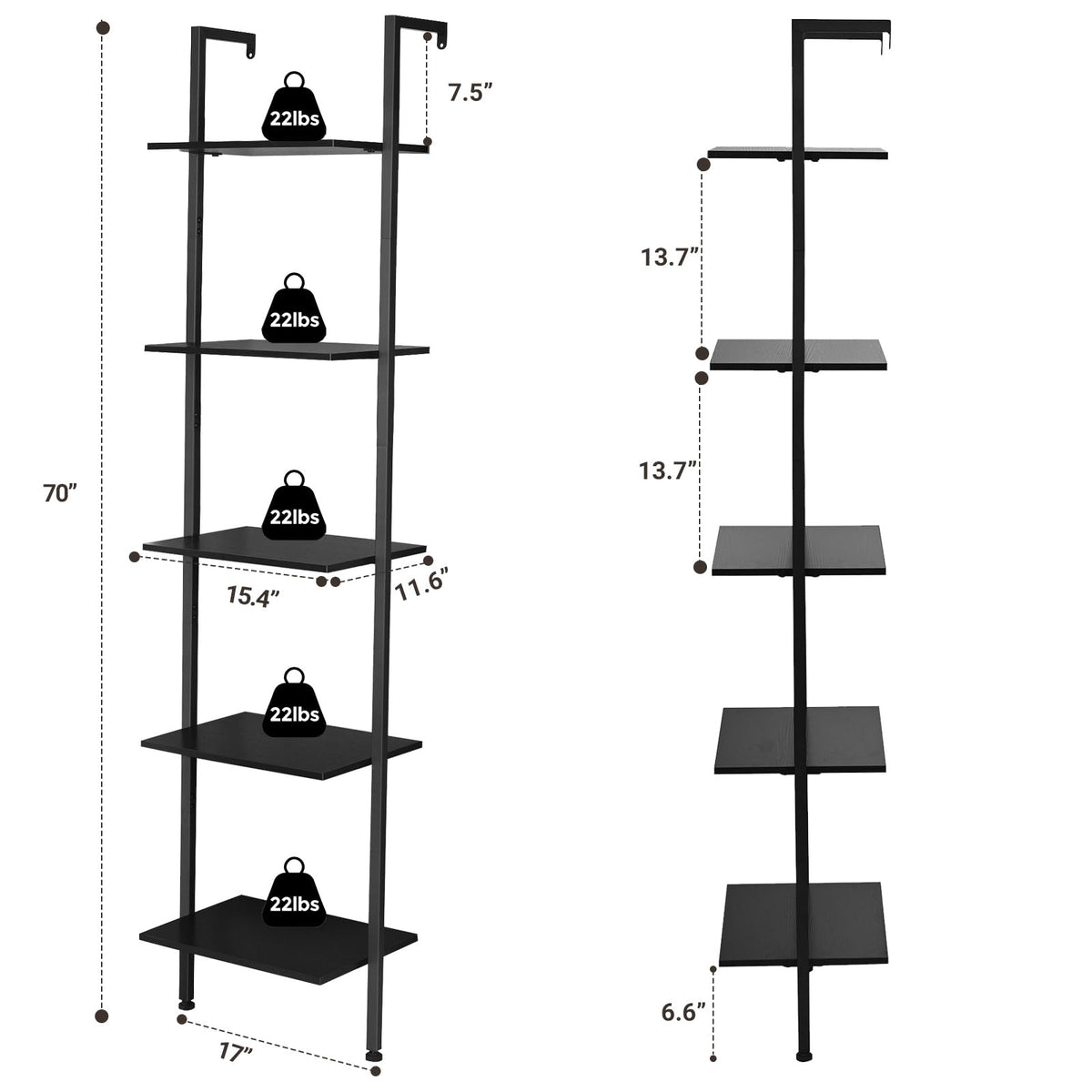 5-Tier Wood Wall Mounted Ladder Bookshelf G77824