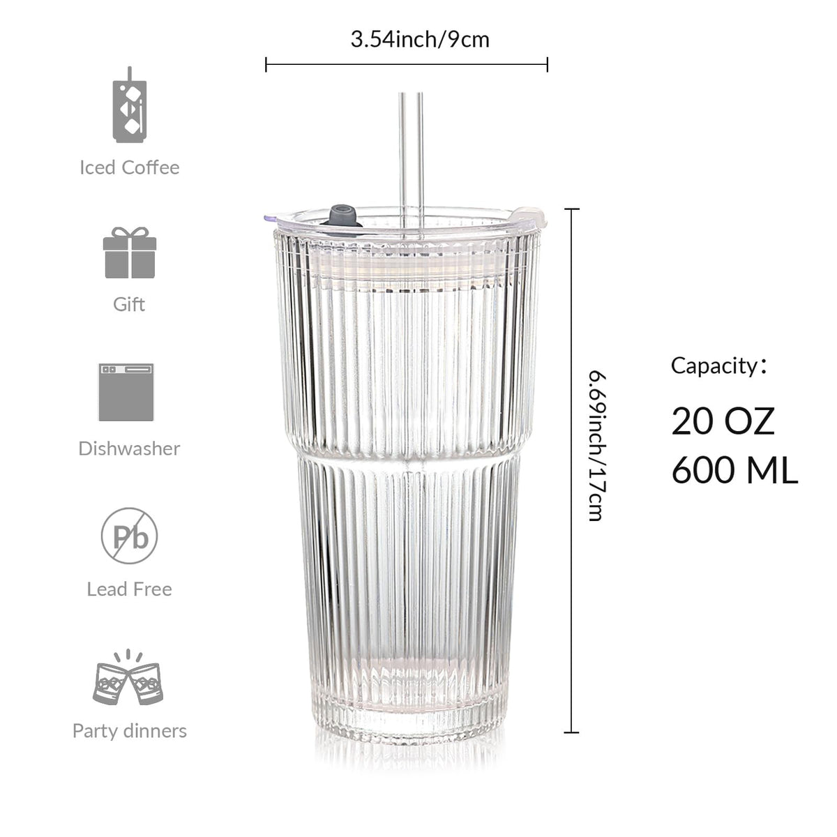 Set of 2 Ribbed Glass Tumbler with Lids and Straws I72655