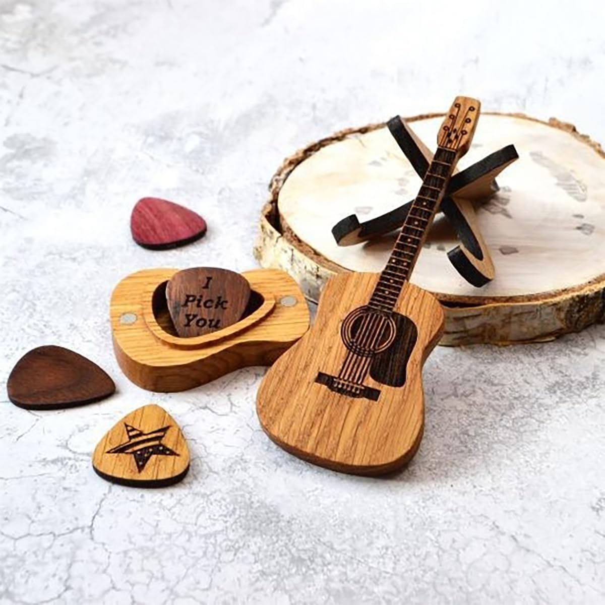 Wooden Guitar Pick Box with Stand 3PCS I79122