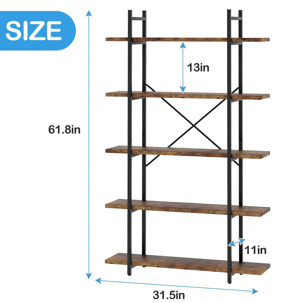 5 Tiers Rustic Brown and Metal Bookshelf E34711
