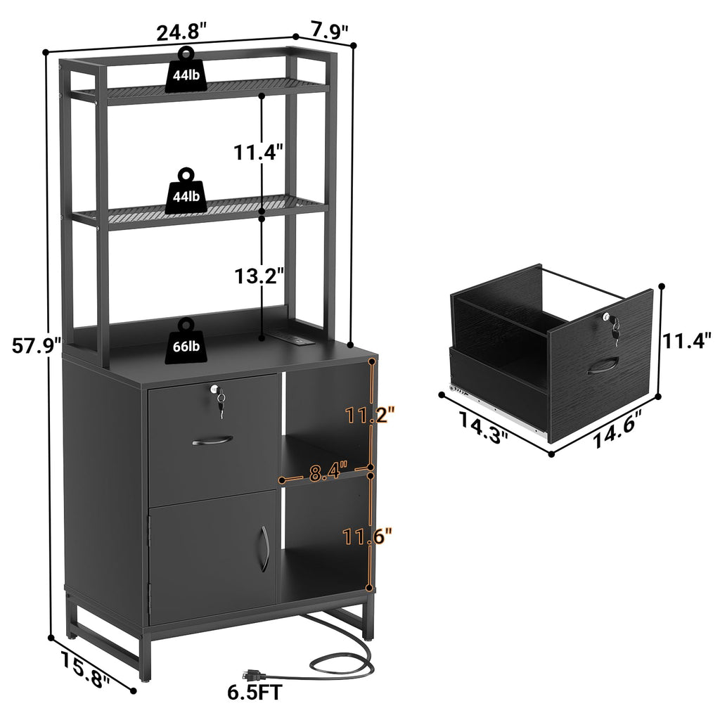 Black Vertical Filing Cabinet with Bookshelf F391