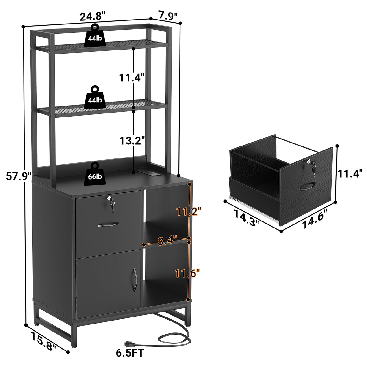 Black Vertical Filing Cabinet with Bookshelf F391