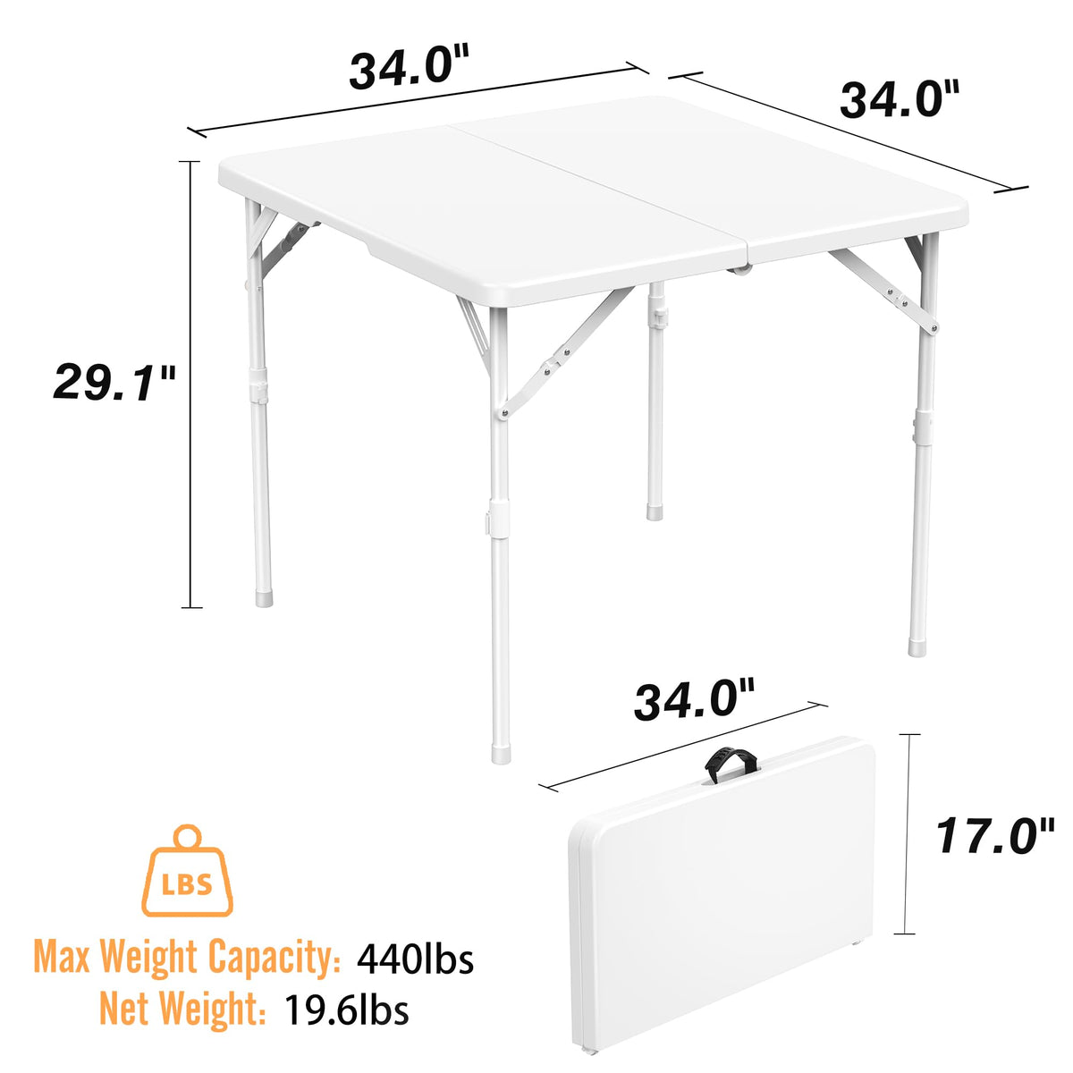 34'' Square Folding Card Table, Portable Plastic Dining Table with Carry Handle, White E2964