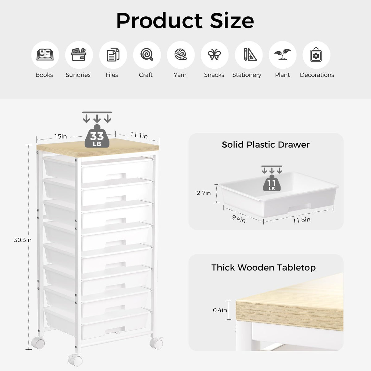 White 8 Drawer Rolling Storage Cart with Wooden Tabletop D9576