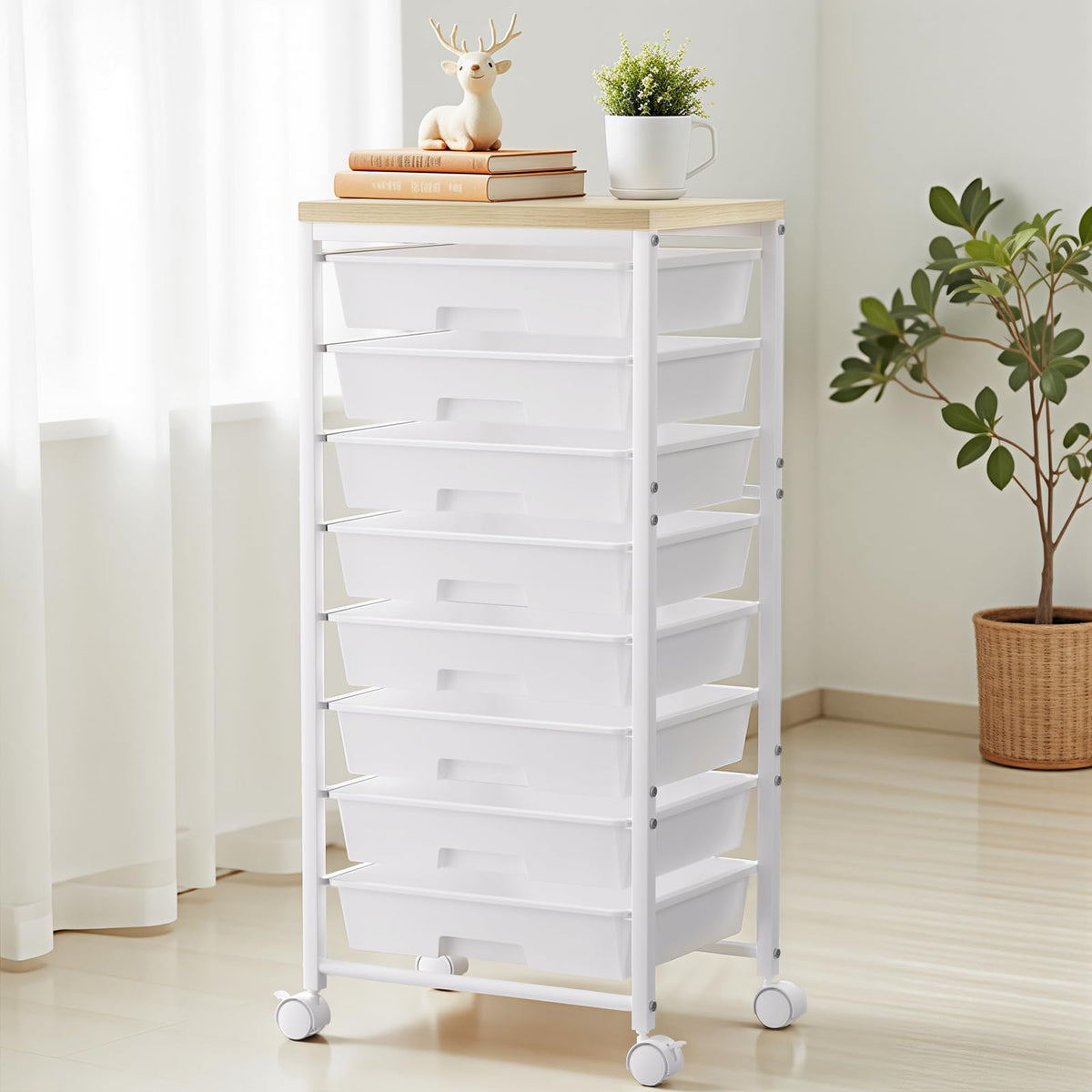 White 8 Drawer Rolling Storage Cart with Wooden Tabletop D9576