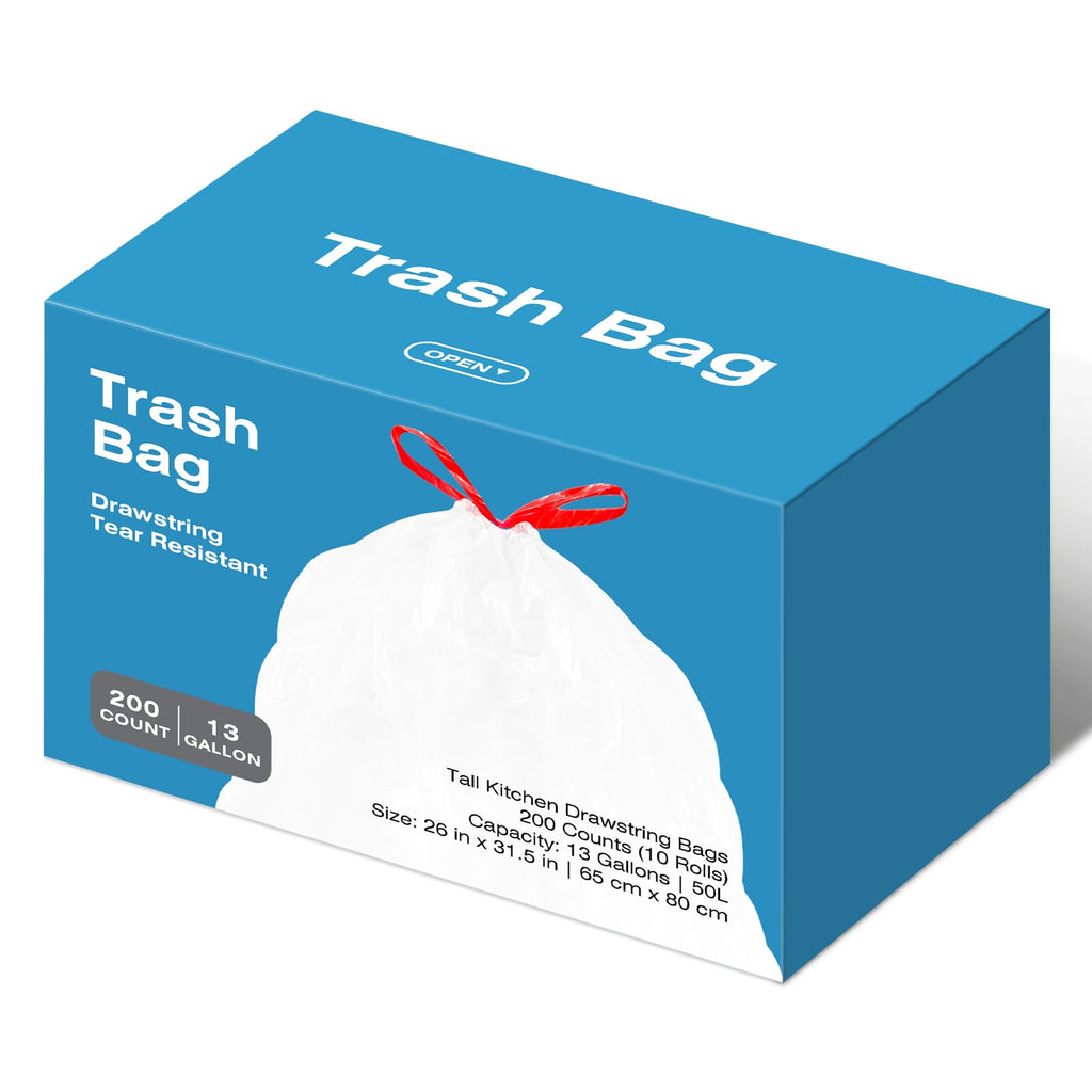 13.2 Gallon Tall Kitchen Drawstring Trash Bags, 200 Count Unscented Leak Proof F66742