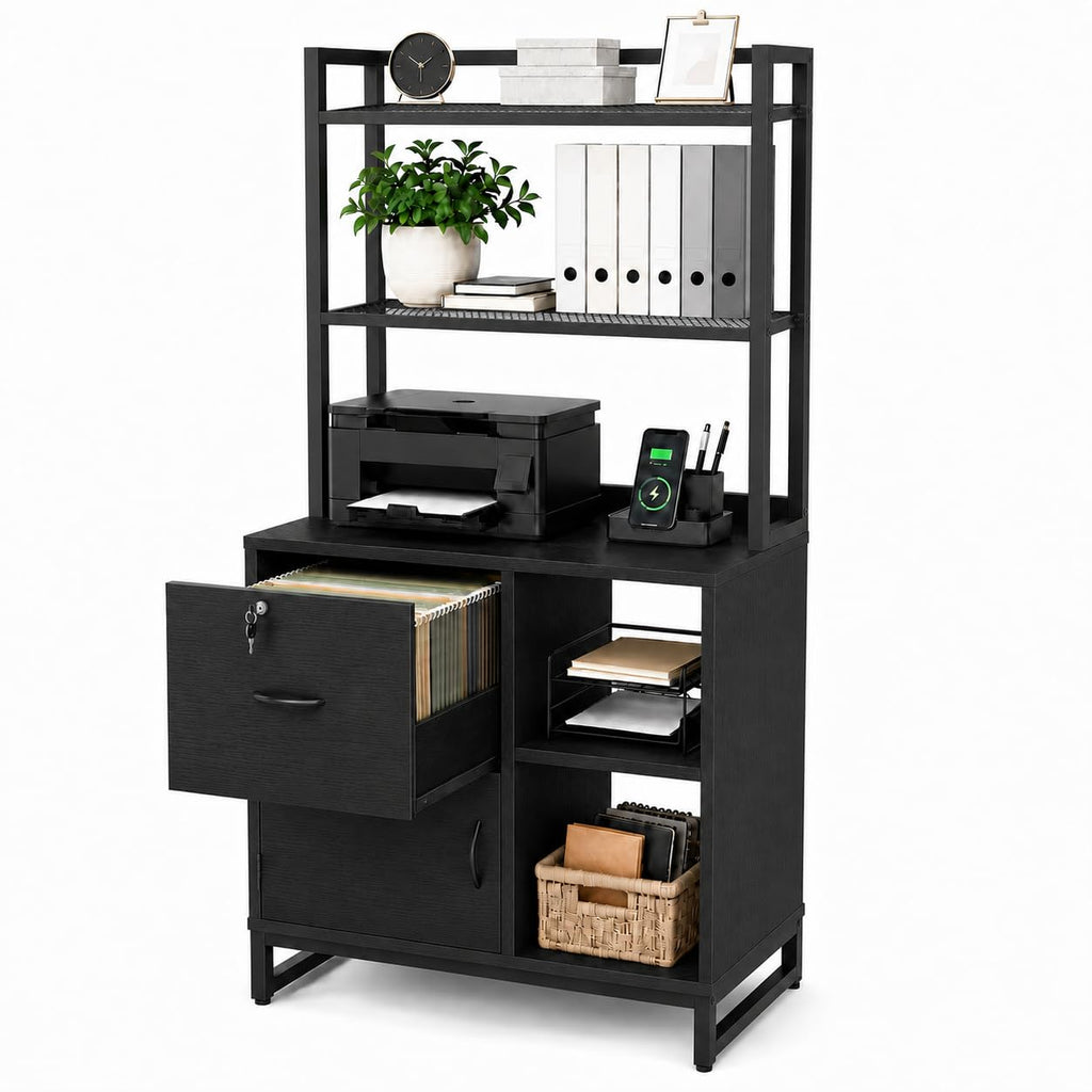 Black Vertical Filing Cabinet with Bookshelf F391