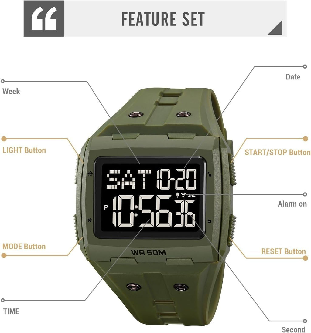 Large Face 5ATM Water Resistant Digital Mens Watch B870