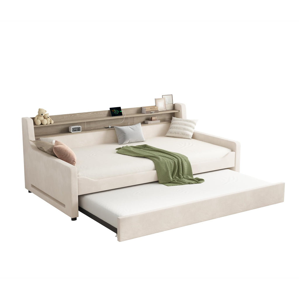 Twin Upholstered Daybed with Trundle and Storage Headboard Q7441