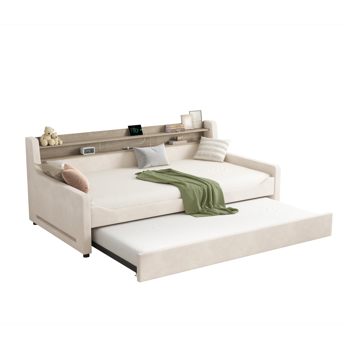 Twin Upholstered Daybed with Trundle and Storage Headboard Q7441