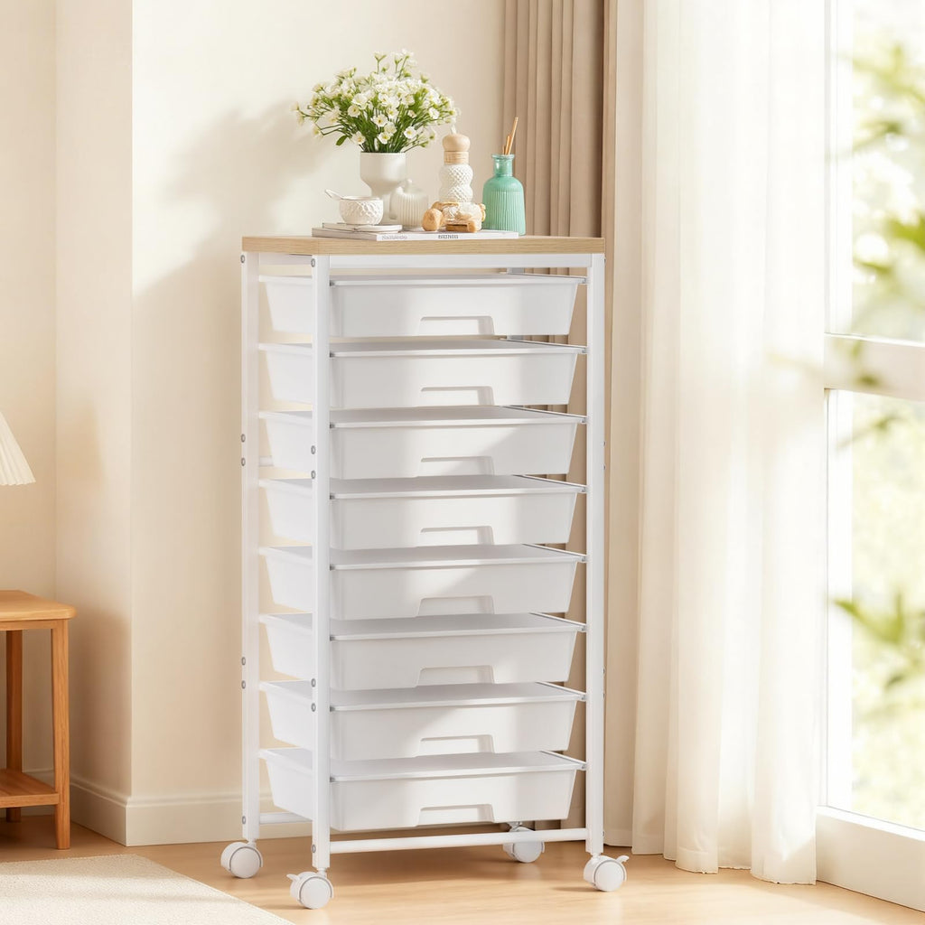 White 8 Drawer Rolling Storage Cart with Wooden Tabletop D9576