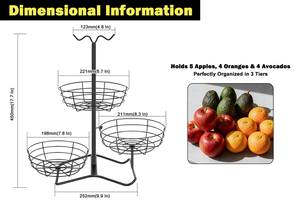 3 Tier Fruit Basket Bowl with 2 Banana Hooks P708114