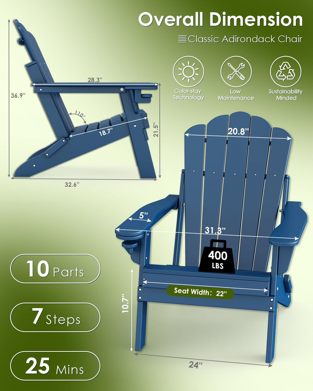 Oversized Folding Adirondack Chairs Set of 2 Blue N5618
