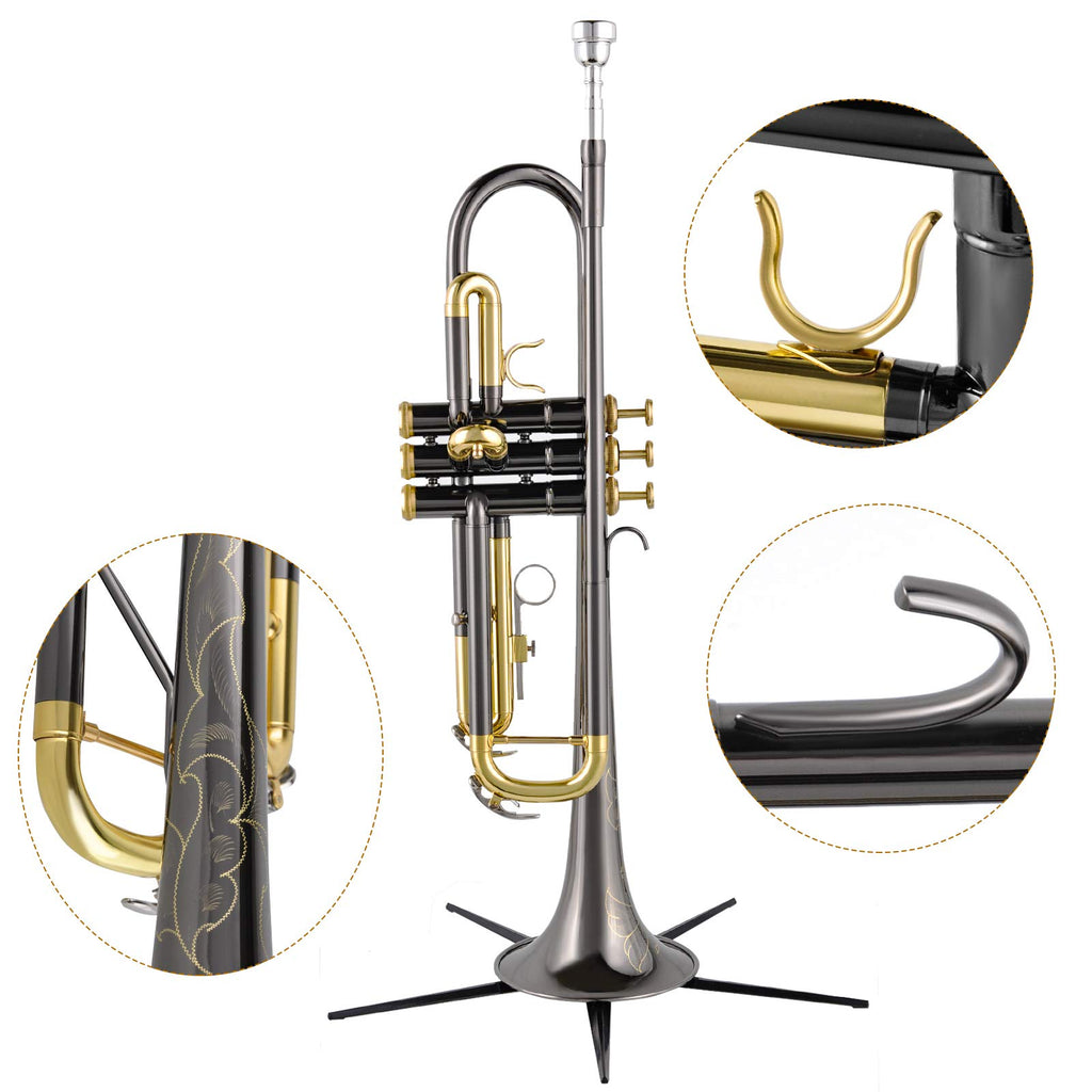 Bb Trumpet Set with Carrying Case, Gloves, 7C Mouthpiece, Tuning Rod, Black Nickel F621