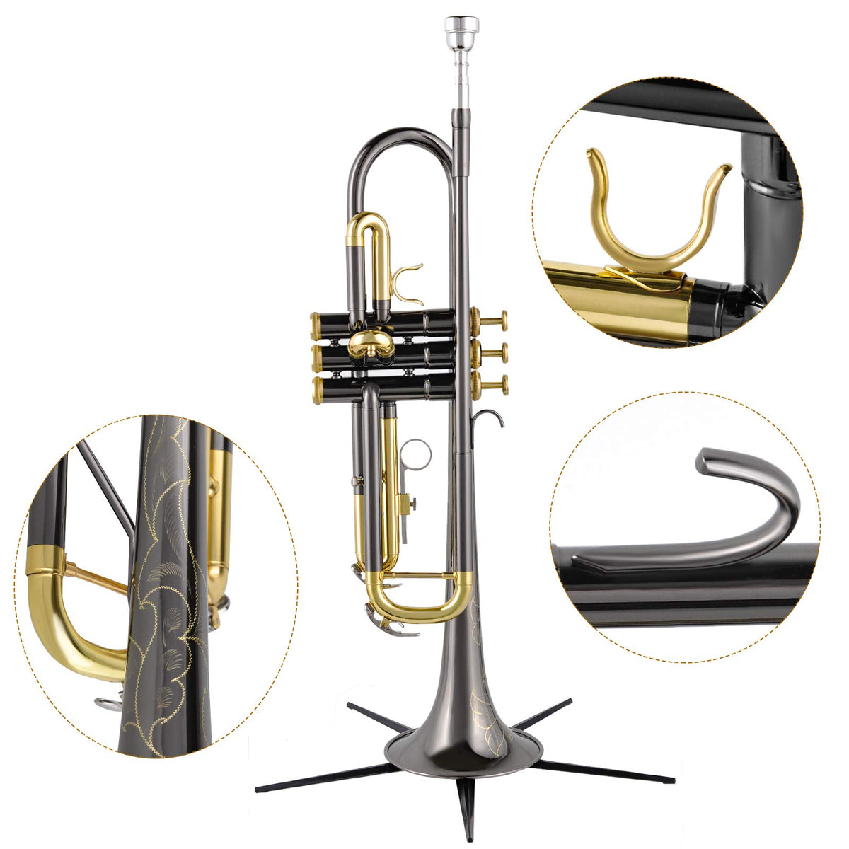 Bb Trumpet Set with Carrying Case, Gloves, 7C Mouthpiece, Tuning Rod, Black Nickel F621