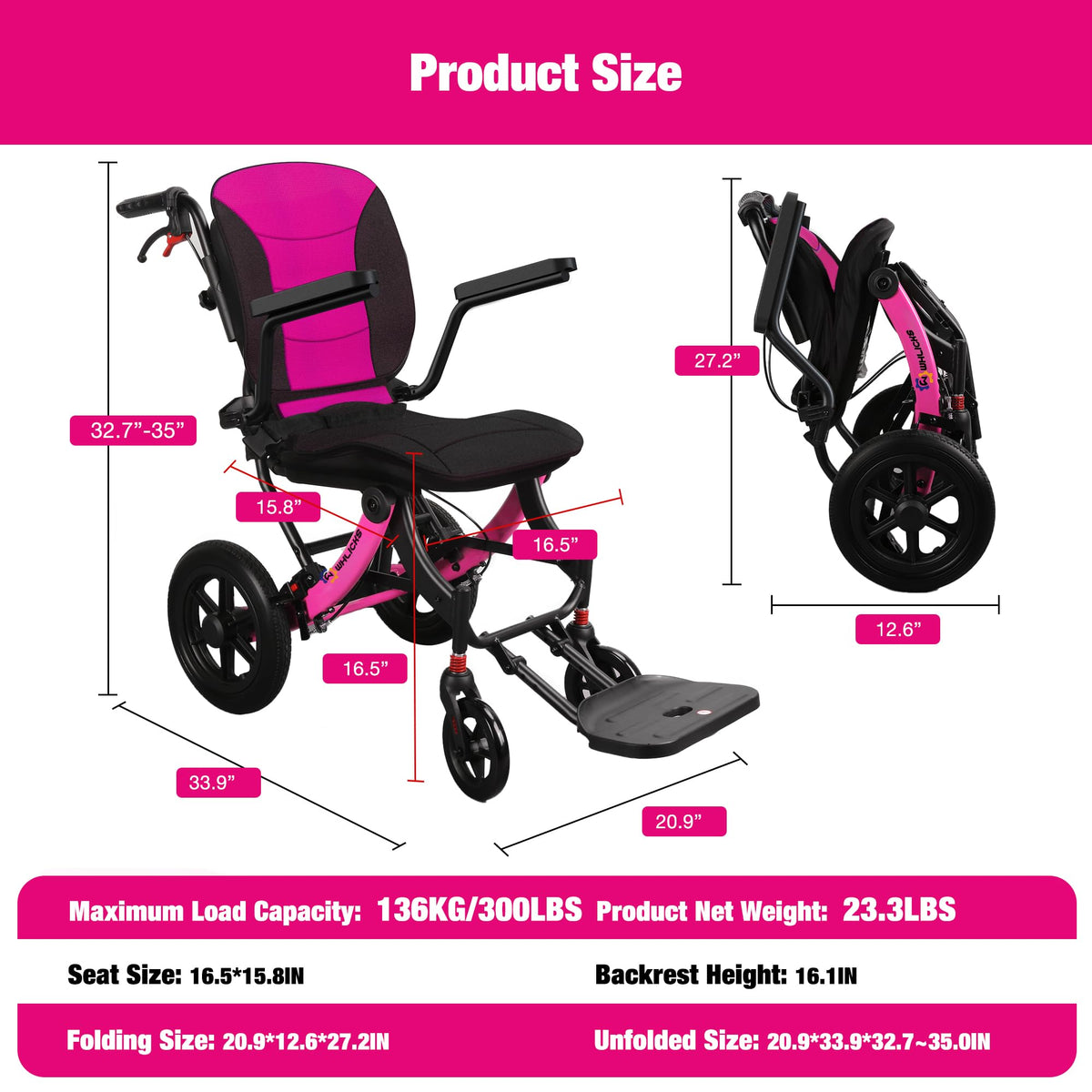 Lightweight Foldable Wheelchair with 12-inch Wheels and Removable Cushion W33595