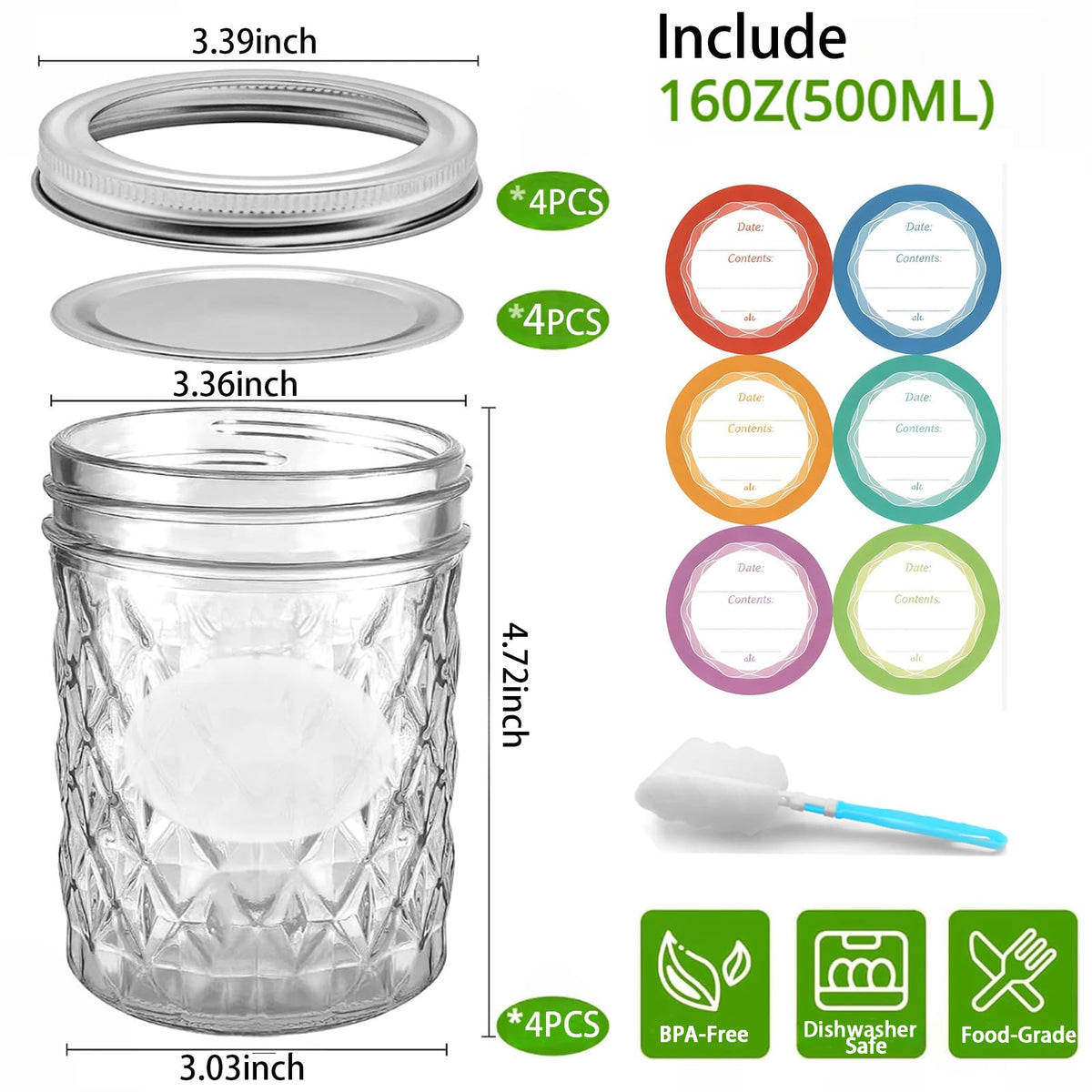 16 oz Wide Mouth Glass Mason Jars with Lids, 4 Pack G364