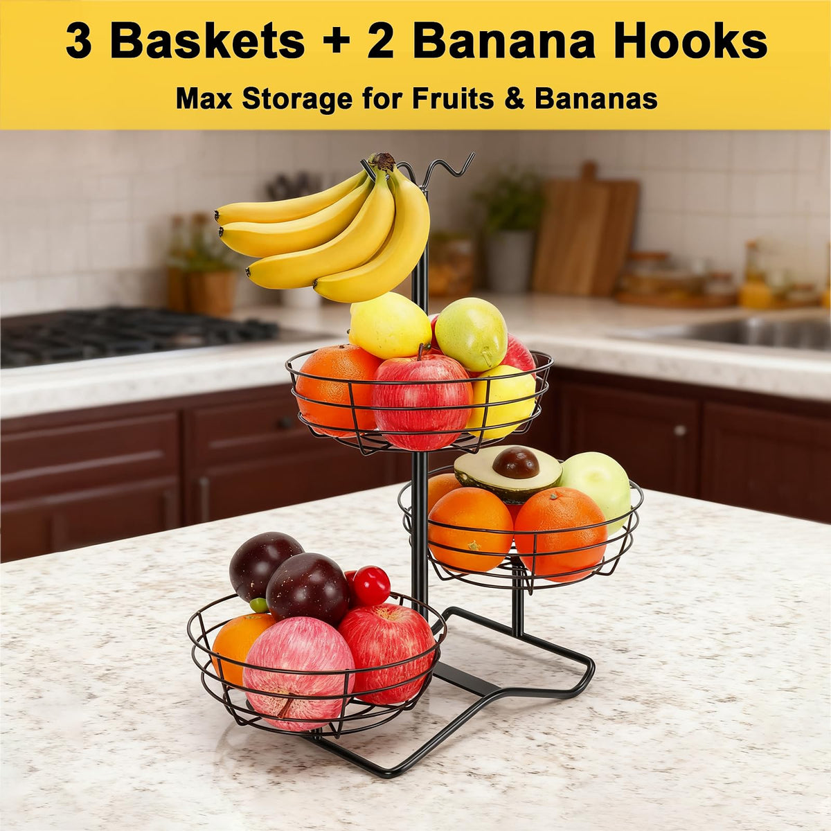 3 Tier Fruit Basket Bowl with 2 Banana Hooks P708114