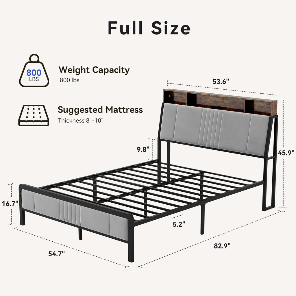 Full Size Upholstered Metal Platform Bed with Storage and Charging Station J51687