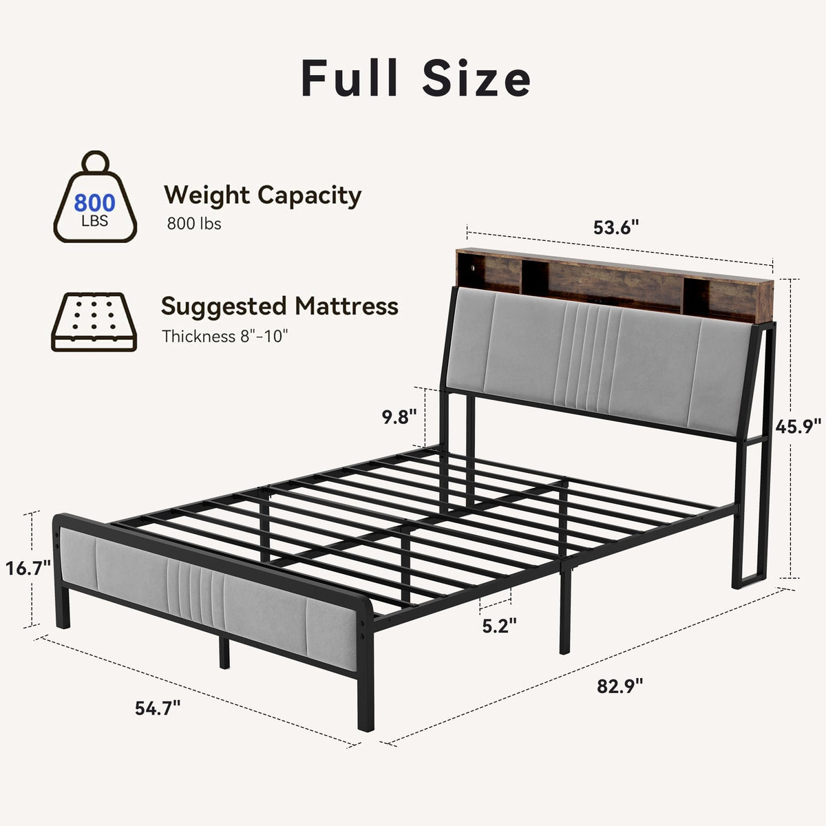 Full Size Upholstered Metal Platform Bed with Storage and Charging Station J51687