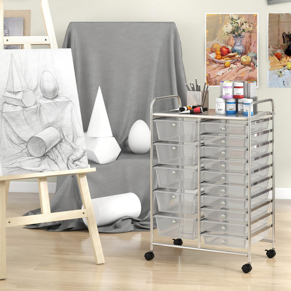 15 Drawer Rolling Storage Cart with Metal Frame V3796