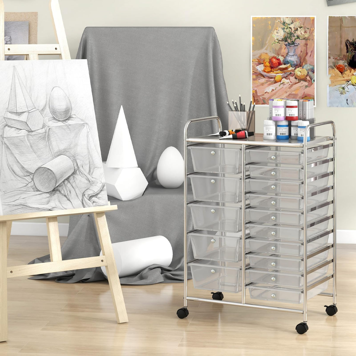 15 Drawer Rolling Storage Cart with Metal Frame V3796