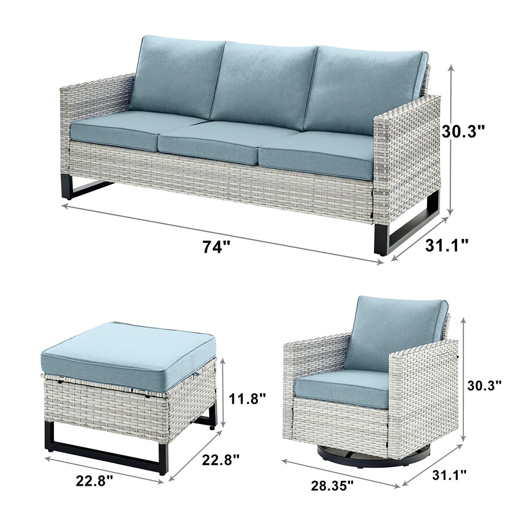 6 Piece Wicker Patio Conversation Set with Swivel Rocker Chairs and Ottoman R73103