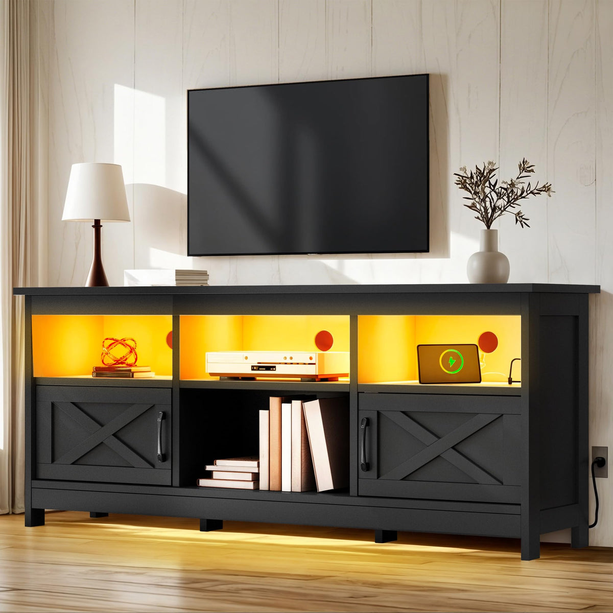 Black TV Stand with Power Outlet and LED Light Q961