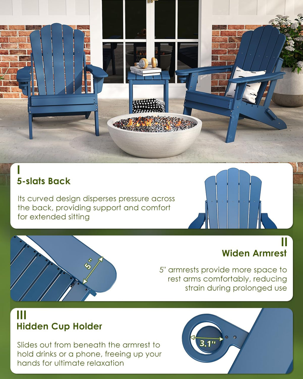 Oversized Folding Adirondack Chairs Set of 2 Blue N5618
