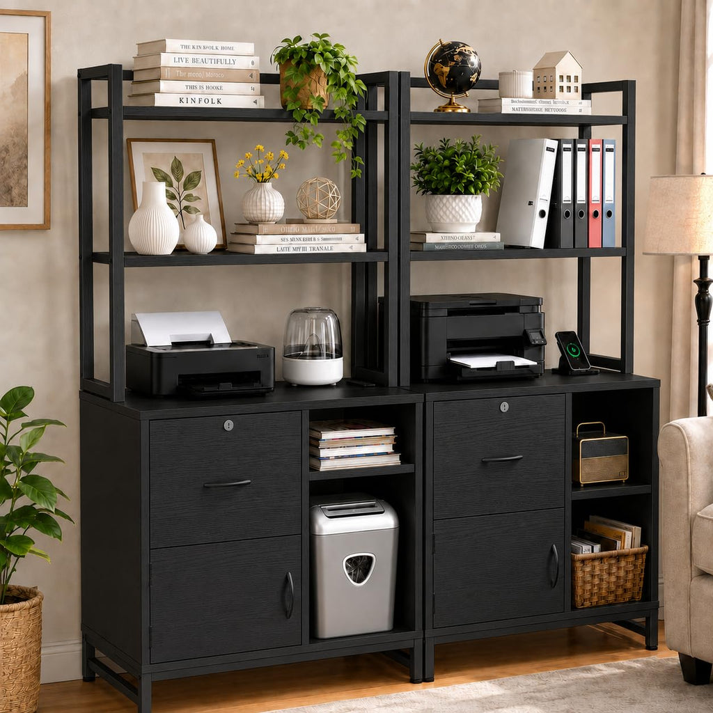Black Vertical Filing Cabinet with Bookshelf F391