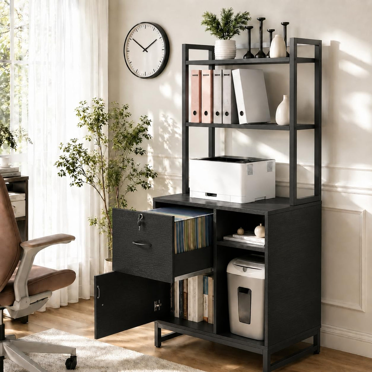 Black Vertical Filing Cabinet with Bookshelf F391