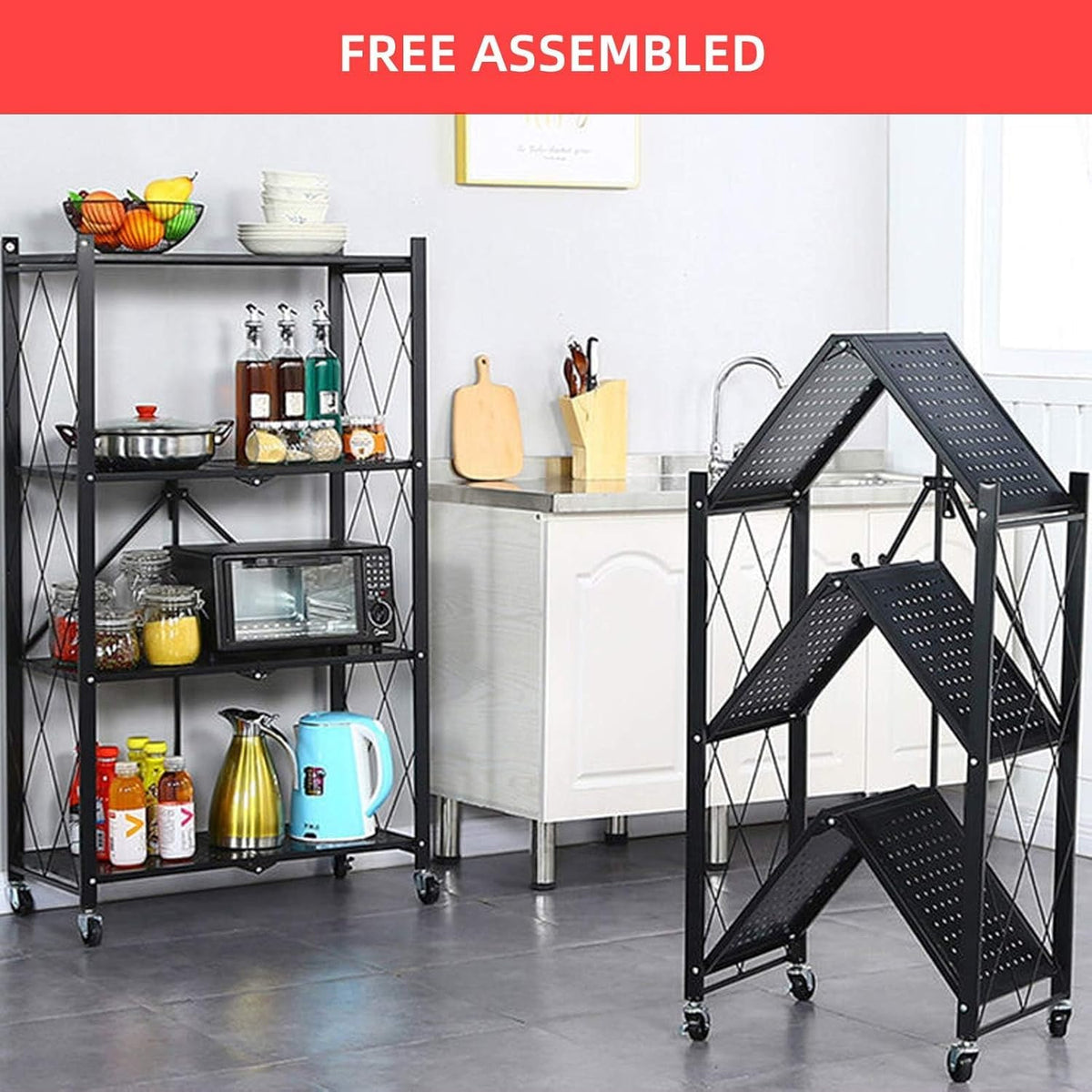 Metal Shelves, 4-Tier Foldable Shelving Unit with Wheels V45981