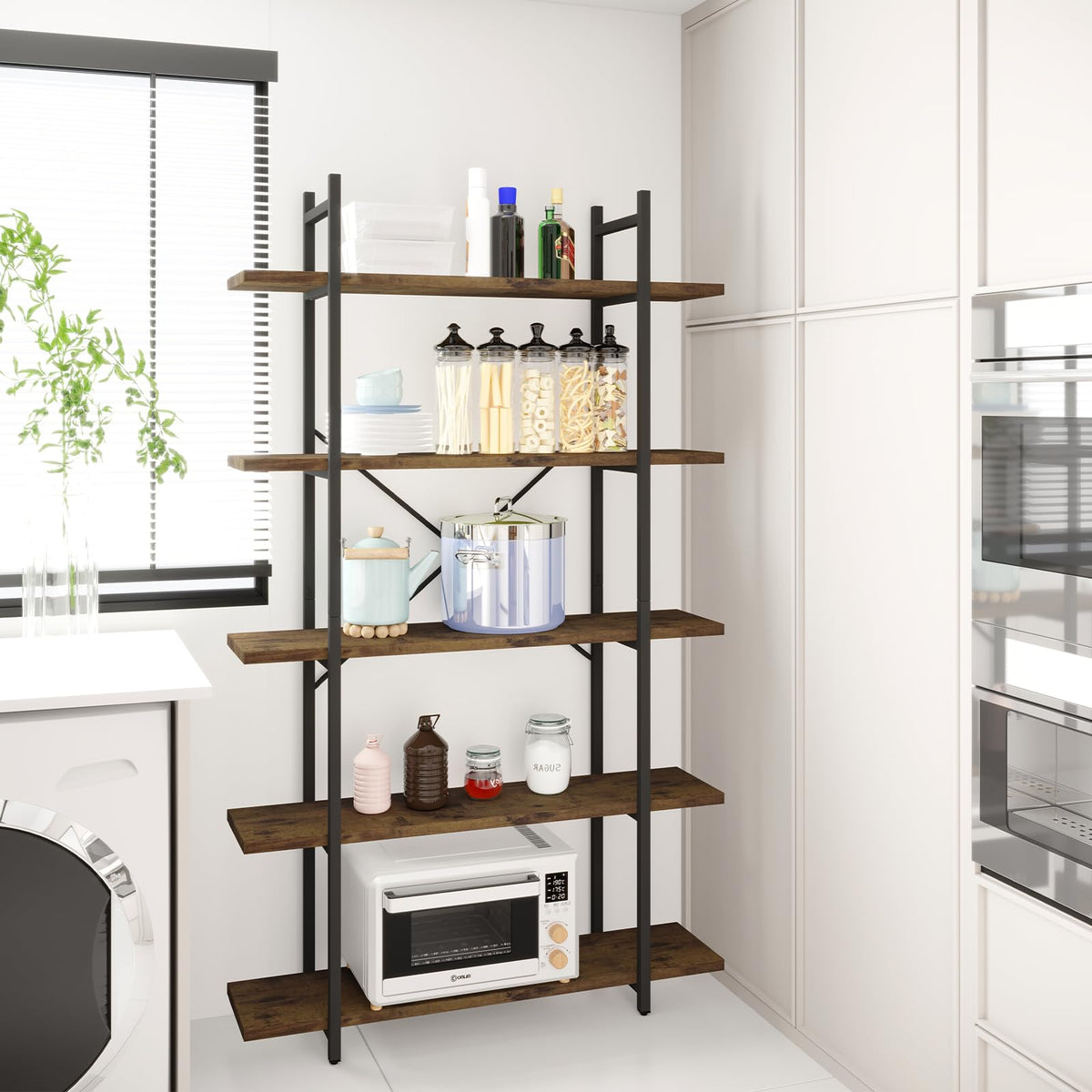5 Tiers Rustic Brown and Metal Bookshelf E34711