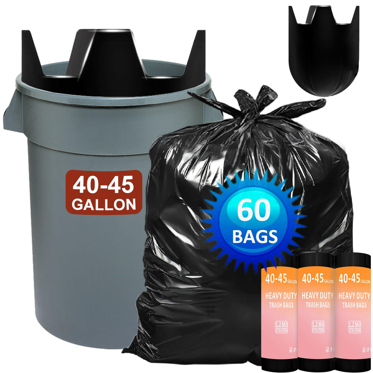 40-45 Gallon Heavy Duty Black Trash Bags 60 Count 1.2 Mil K93403
