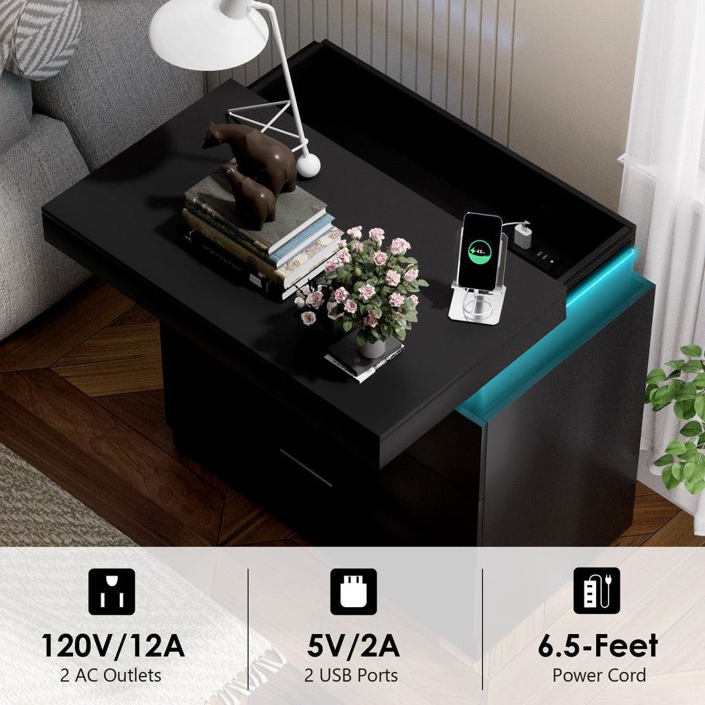 LED Smart Nightstand with Charging Station & RGB Lights I495