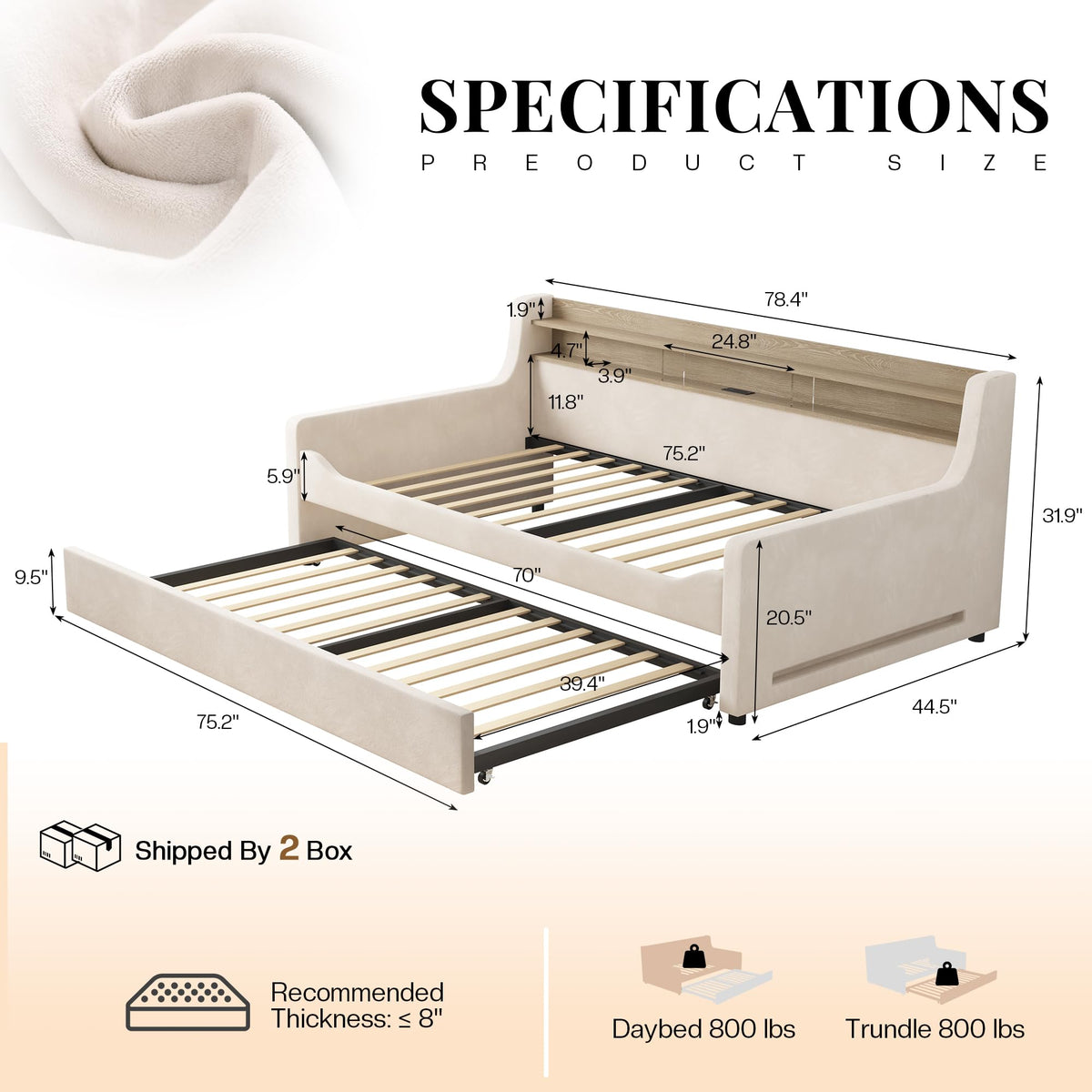 Twin Upholstered Daybed with Trundle and Storage Headboard Q7441
