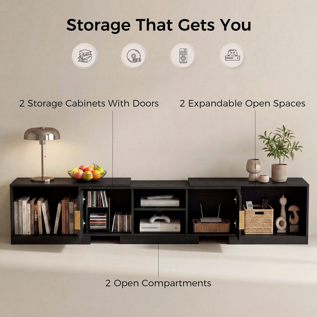 Black Adjustable TV Stand with Storage Cabinets Y4159