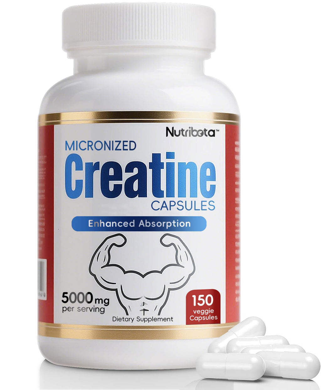 5000mg Micronized Creatine Monohydrate Capsules with Vitamin B12, Vegan, Gluten Free, 150 Count M147