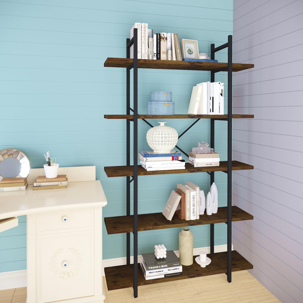 5 Tiers Rustic Brown and Metal Bookshelf E34711