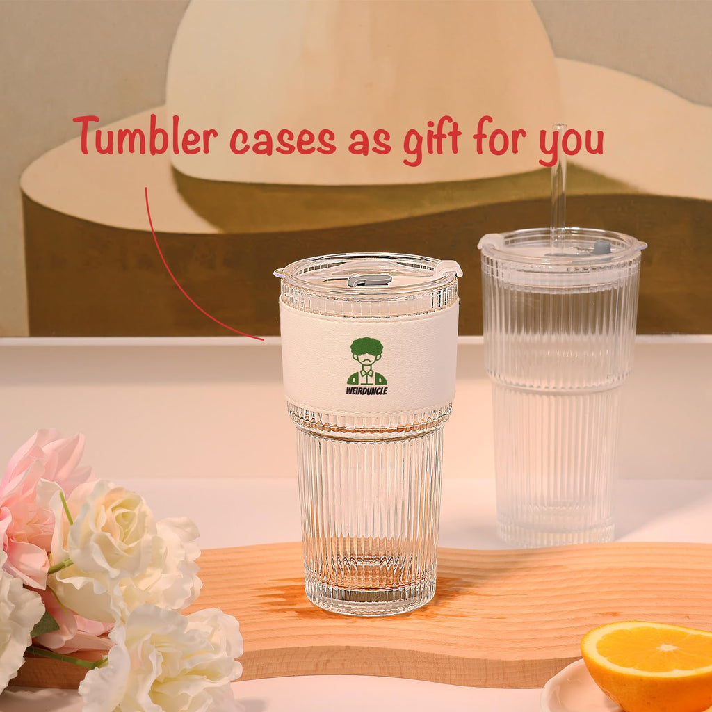 Set of 2 Ribbed Glass Tumbler with Lids and Straws I72655