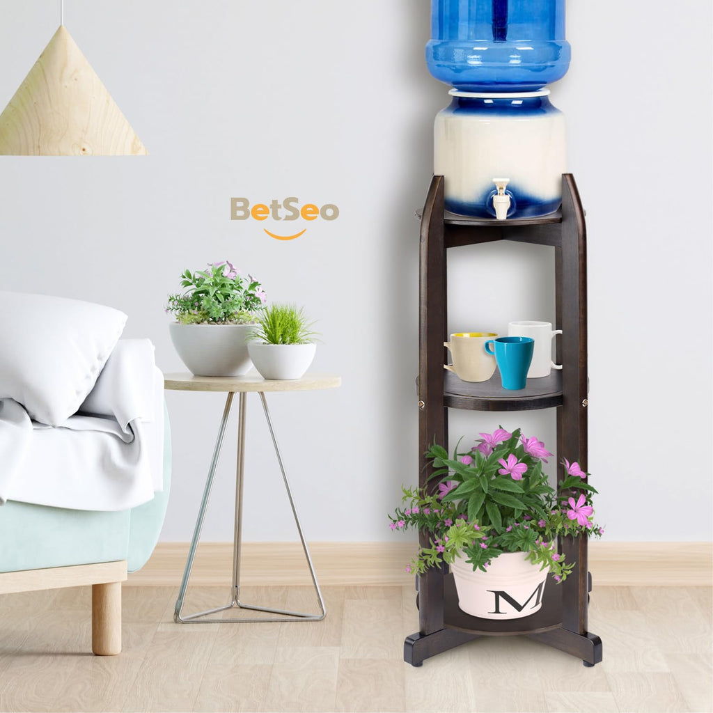 Solid Wood Water Dispenser Floor Stand with 3 Round Shelfs J484