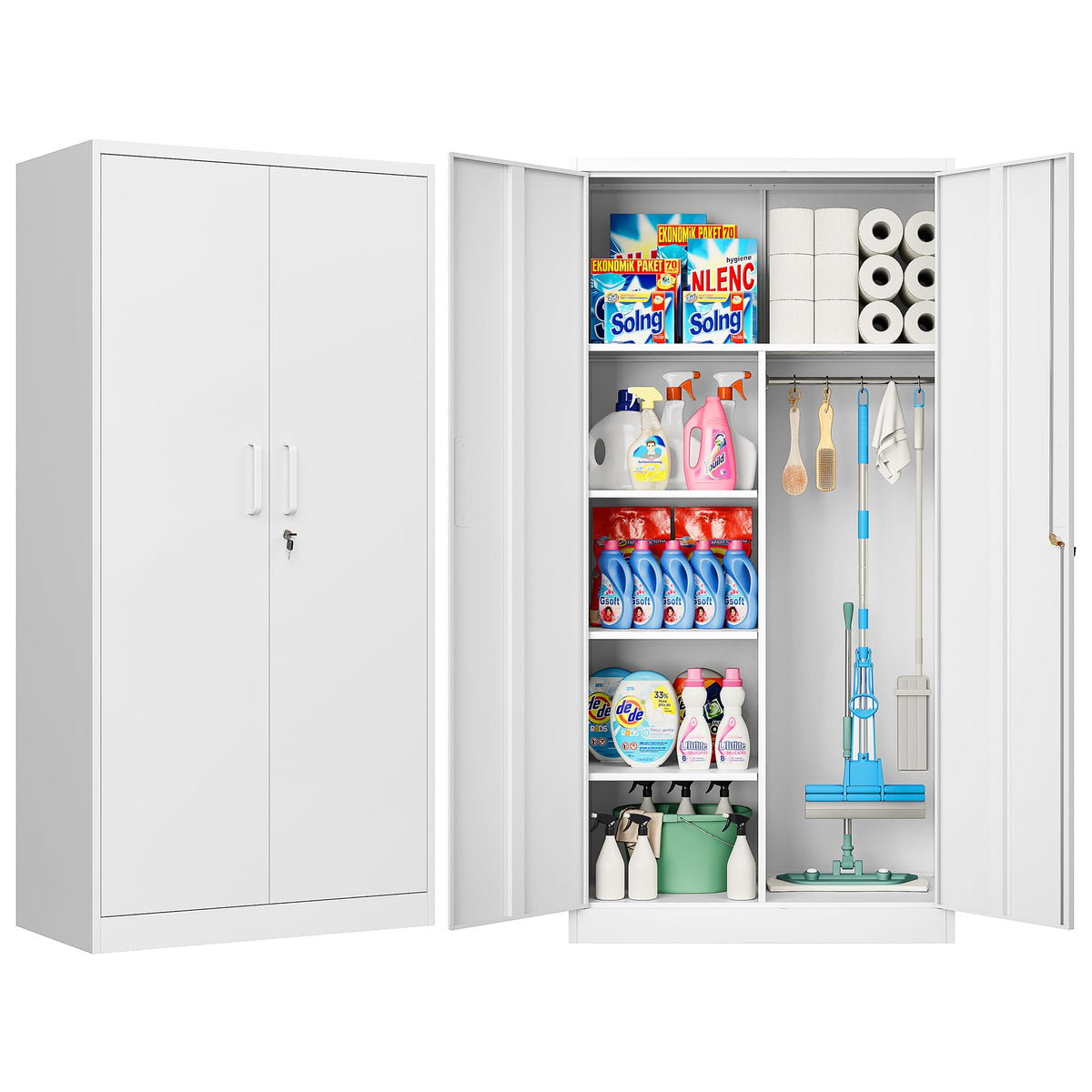 White Metal Storage Cabinet with Hanging Rod and Lock J7132