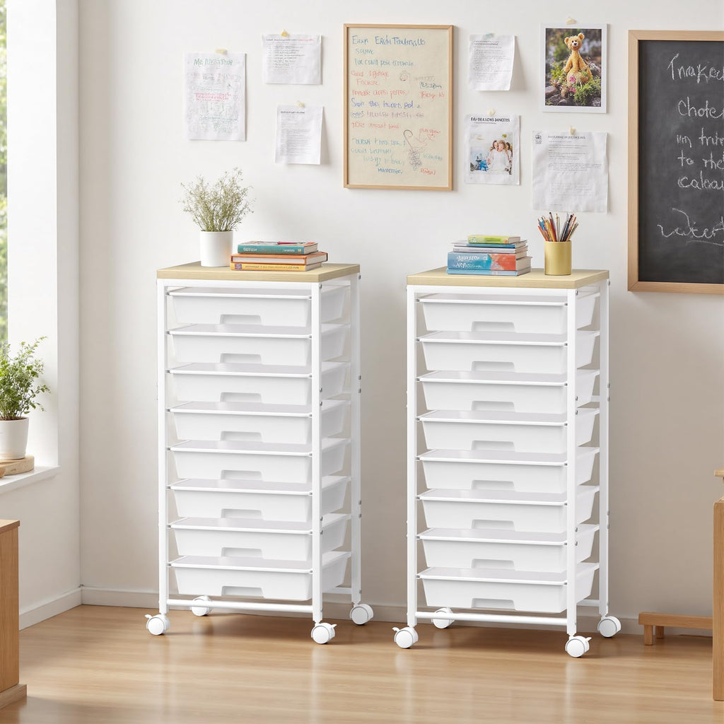 White 8 Drawer Rolling Storage Cart with Wooden Tabletop D9576