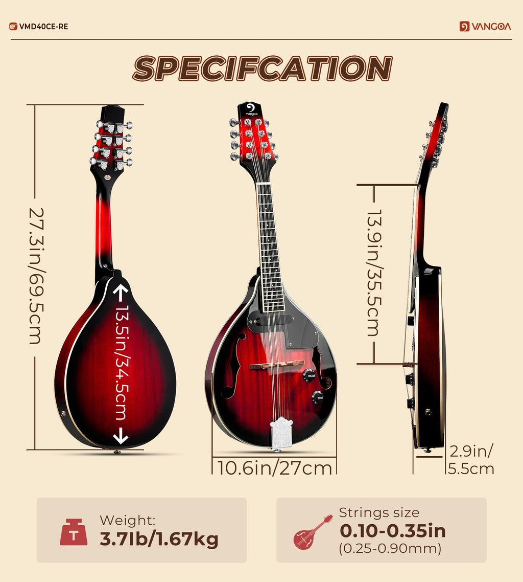 Red Burst 8 Strings Mahogany Acoustic Electric Mandolin M8954