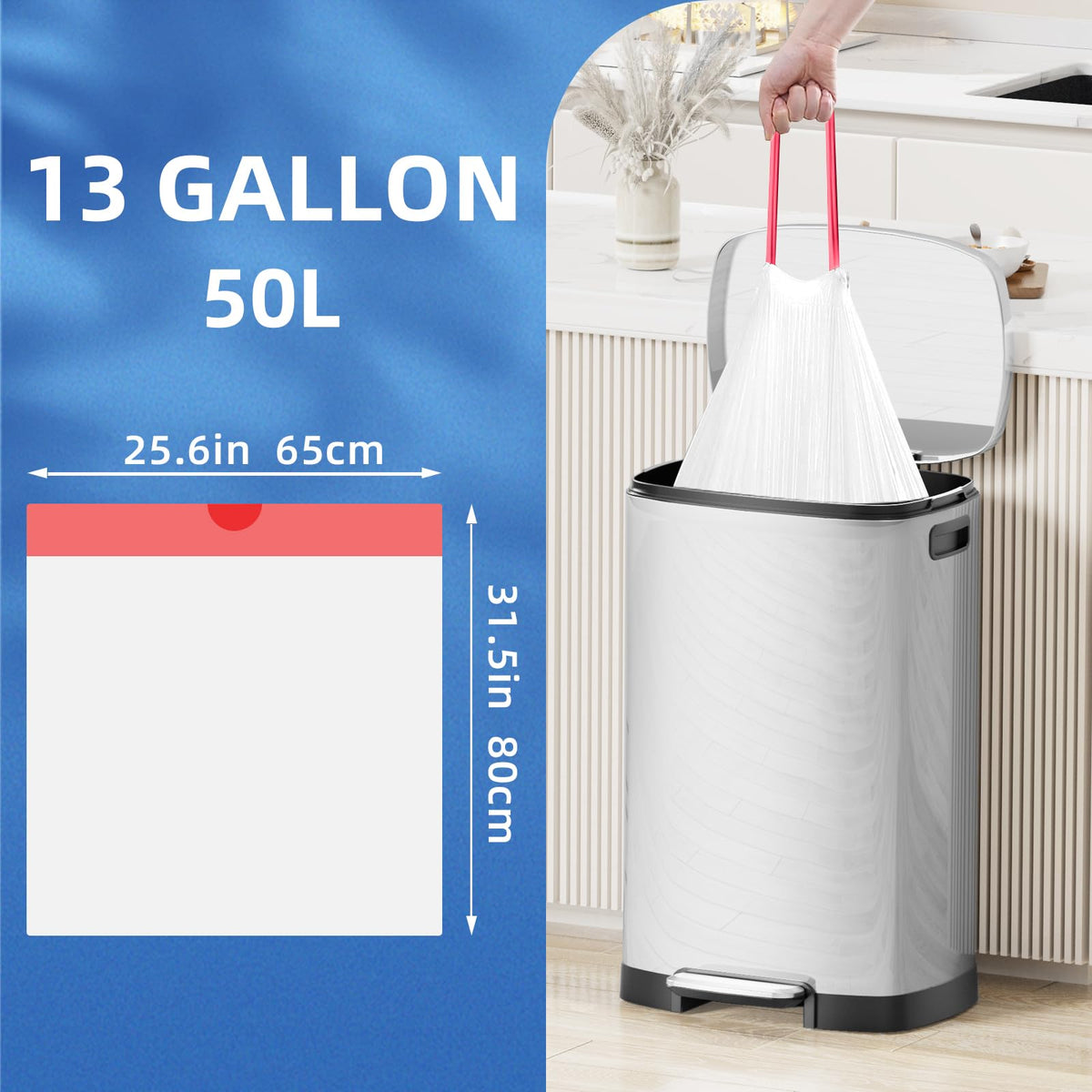 13.2 Gallon Tall Kitchen Drawstring Trash Bags, 200 Count Unscented Leak Proof F66742