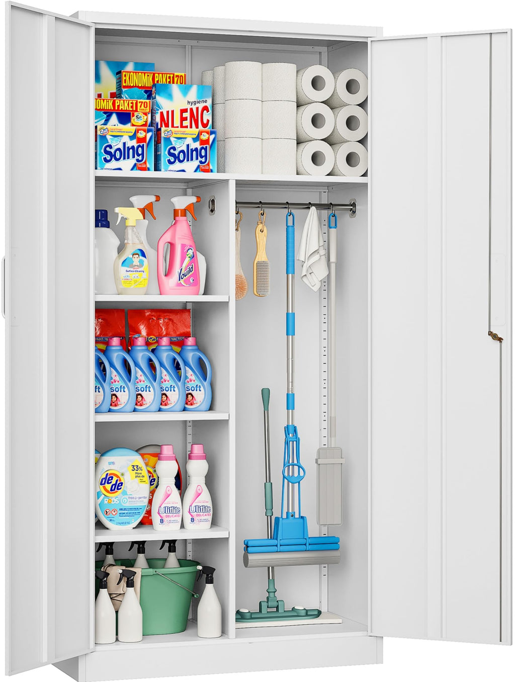 White Metal Storage Cabinet with Hanging Rod and Lock J7132