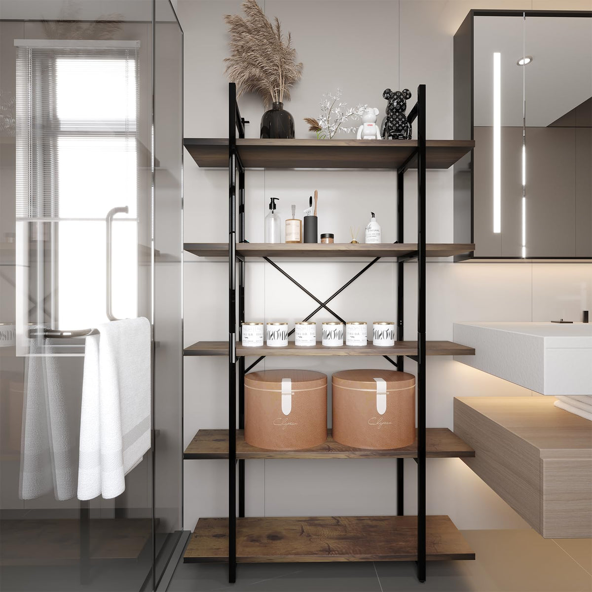 5 Tiers Rustic Brown and Metal Bookshelf E34711