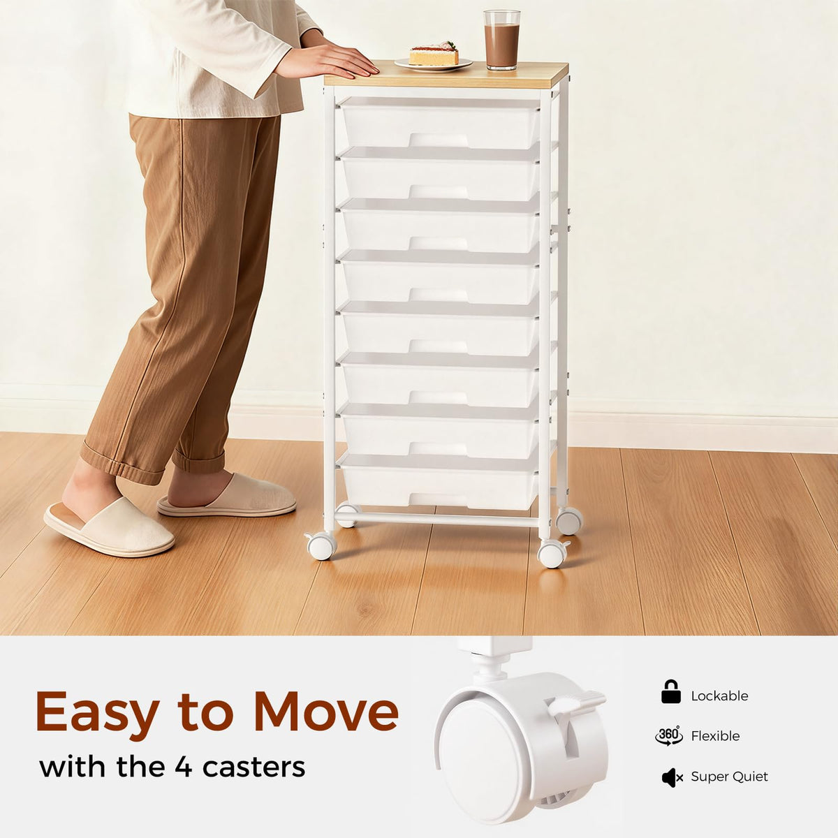 White 8 Drawer Rolling Storage Cart with Wooden Tabletop D9576