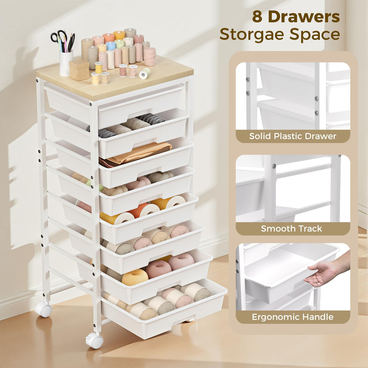 White 8 Drawer Rolling Storage Cart with Wooden Tabletop D9576